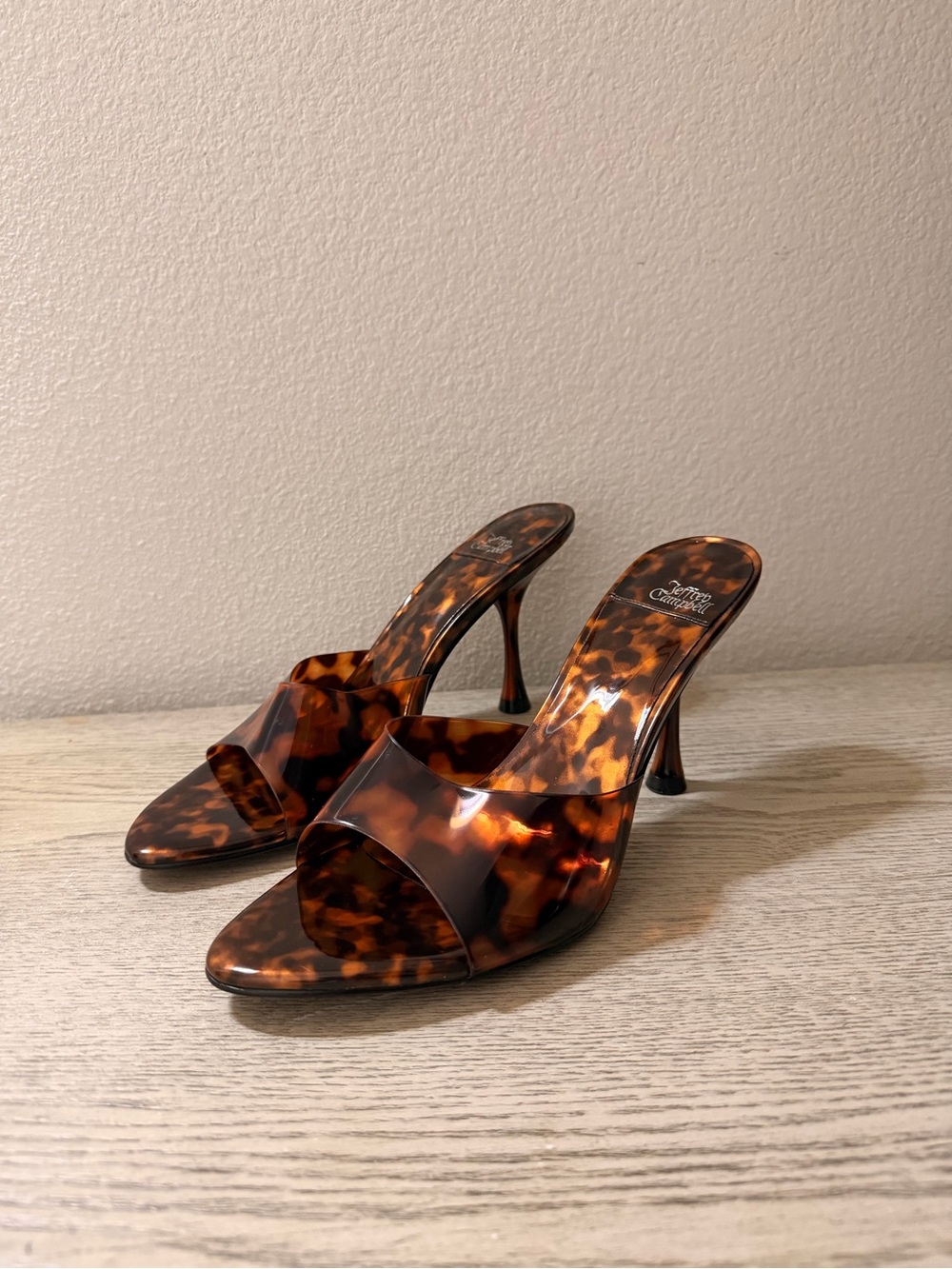 Jeffrey Campbell Tortoiseshell Slide Heels in Glossy Brown-Orange